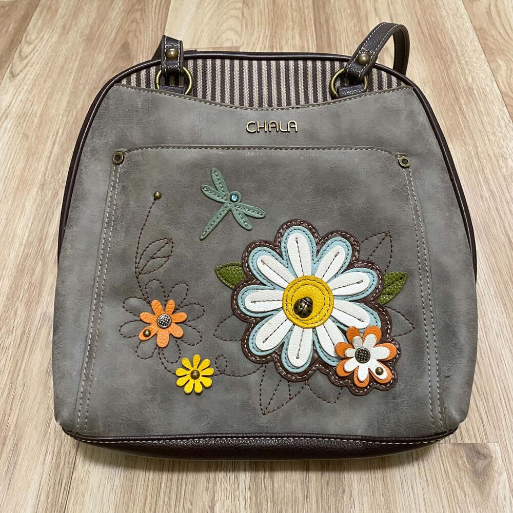 Chala Handbags Floral Dragonfly Convertible Backpack Shoulder Bag Gray Brown